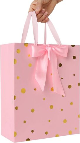13" Large Pink Gift Bag Set with Handles, Greeting Card, Tissue Papers and Stickers for Women Girls Kids Teens for Birthday Party, Shopping, Wedding, Mother’s Day, Gold Foil Dots design, 1 Pcs in Saudi Arabia