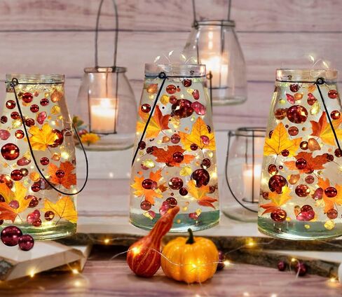 50 Floating Shades of Glowing Fall Leaves-Pumpkin Gems-Mums-Pearls-Fills 1 Gallon of Transparent Gels for Your Vases-with Measured Gels Prep Bag and 3 Warm White Submersible Fairy Lights Strings in Saudi Arabia