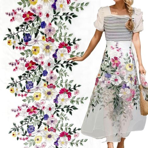 Lace Trim 2 Yards 1 Piece Floral Embroidered Fabric Panel with White Mesh Backing Multicolor Floral Design DIY Sewing for Your Creations (25 inch) in Saudi Arabia
