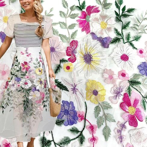 Lace Trim 2 Yards 1 Piece Floral Embroidered Fabric Panel with White Mesh Backing Multicolor Floral Design DIY Sewing for Your Creations (25 inch) in Saudi Arabia