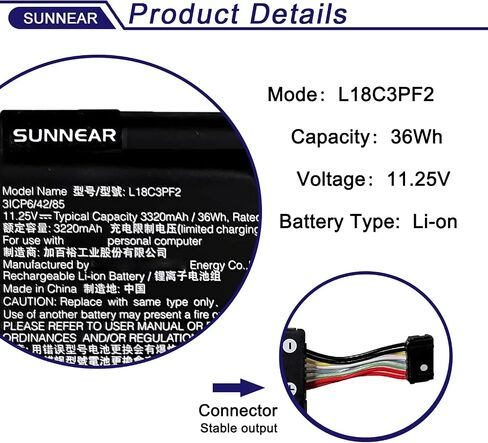 بطارية كمبيوتر محمول SUNNEAR L19C4PDC متوافقة مع Lenovo Ideapad Yoga 7-14ITL5 7-15ITL5 Series Notebook 5B10Z26482 L19L4PDC 5B10Z26485 L19M4PDC 5B10Z26479 15.36V 71Wh 4675mAh in Saudi Arabia