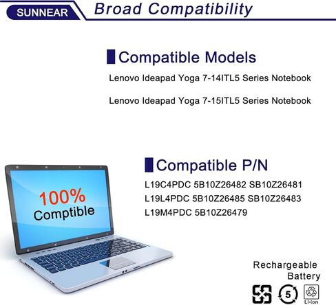 SUNNEAR L19C4PDC Laptop Battery Compatible with Lenovo Ideapad Yoga 7-14ITL5 7-15ITL5 Series Notebook 5B10Z26482 L19L4PDC 5B10Z26485 L19M4PDC 5B10Z26479 15.36V 71Wh 4675mAh in Kuwait