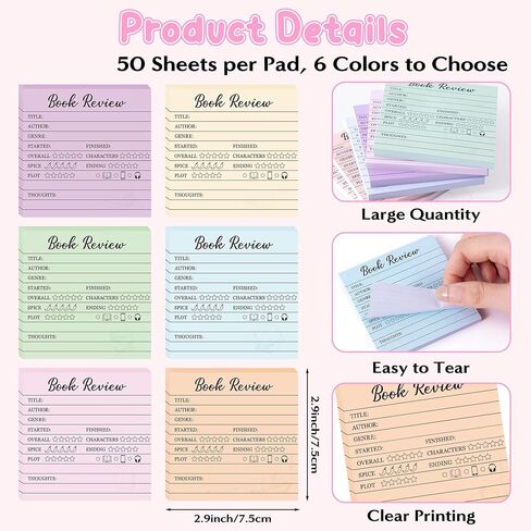 TICIAGA Book Review Journal Notepads - 6Pcs Mini Reading Journal Tracking Sticky Notes for Book Lovers, 300 Sheets Colorful Review Tracker Log for Back to School, Reading List Bookish Bookworm Gift in Kuwait