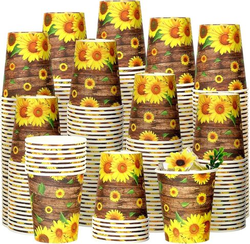 100 Pcs Sunflower Party Paper Cups Sunflower Birthday Party Supplies Disposable Paper Cups 8 oz Wood Grain Sunflower Cups Summer Party Picnics Barbecues Traveling Hot Cold Beverage Coffee Water Juice in Saudi Arabia