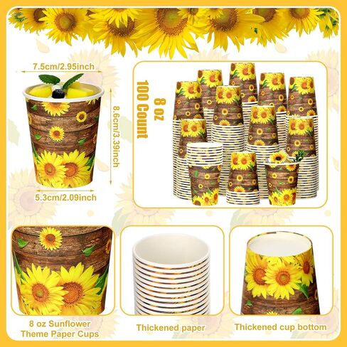 100 Pcs Sunflower Party Paper Cups Sunflower Birthday Party Supplies Disposable Paper Cups 8 oz Wood Grain Sunflower Cups Summer Party Picnics Barbecues Traveling Hot Cold Beverage Coffee Water Juice in Saudi Arabia