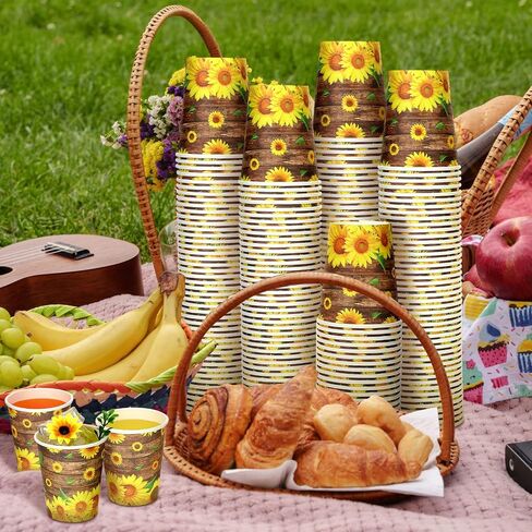 100 Pcs Sunflower Party Paper Cups Sunflower Birthday Party Supplies Disposable Paper Cups 8 oz Wood Grain Sunflower Cups Summer Party Picnics Barbecues Traveling Hot Cold Beverage Coffee Water Juice in Saudi Arabia