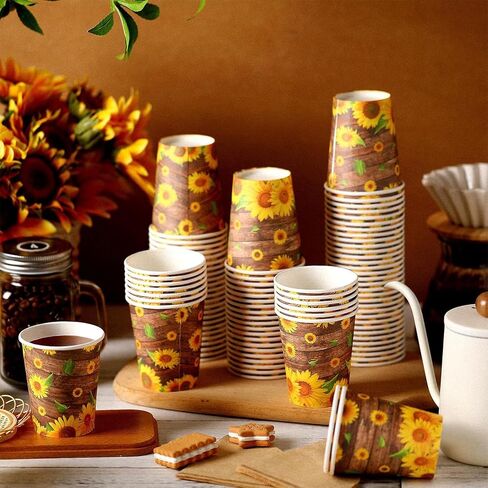100 Pcs Sunflower Party Paper Cups Sunflower Birthday Party Supplies Disposable Paper Cups 8 oz Wood Grain Sunflower Cups Summer Party Picnics Barbecues Traveling Hot Cold Beverage Coffee Water Juice in Saudi Arabia