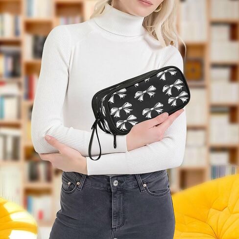 Caikeny Pencil Case Black White Bow Pen Bag Large Capacity Pencil Box Pen Pouch with Zipper Cosmetic Organizer for Kids Teens Adults in Saudi Arabia