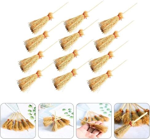 5Pcs Miniature Brooms with Straw Broomsticks - 1:12 Scale Dollhouse Accessories for Halloween Party Decor, Handmade Style Witch Broomstick Cosplay Props and Mini Furniture Display in Saudi Arabia