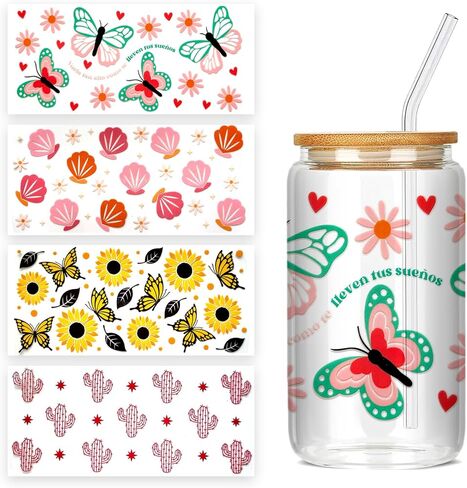 4 Sheets UV DTF Cup Wrap Transfer Stickers for DIY Craft Decorations for 16oz Glass Water Bottle (Flowers) in Kuwait