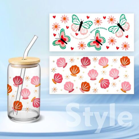 4 Sheets UV DTF Cup Wrap Transfer Stickers for DIY Craft Decorations for 16oz Glass Water Bottle (Flowers) in Kuwait