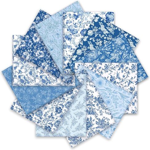 Whaline 12Pcs Vintage Floral Cotton Fabric Bundles Blue White Flower Fat Quarters Chinoiserie Quilting Patchwork for DIY Sewing Craft Decor, 18 x 22 Inch in Saudi Arabia