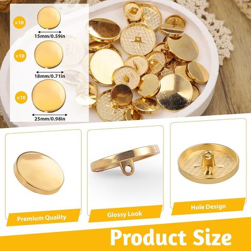 30 PCS Gold Buttons for Clothes,15/18/25 mm Metal Flat Botones para Ropa Elegantes, Gold Buttons for Blazer, Round Shaped Sewing Button for Clothes Suit Coat Shirt Jackets Sewing Craft in Saudi Arabia