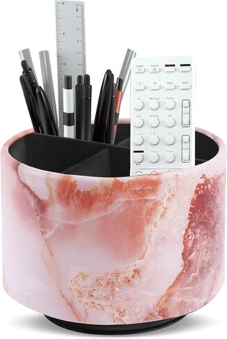 Round Leather Art Supply Organizer,Remote Control Holder,360-degree Rotating Pen Organizer with 4 Compartments(1-Marble Pink) in Kuwait