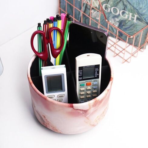 Round Leather Art Supply Organizer,Remote Control Holder,360-degree Rotating Pen Organizer with 4 Compartments(1-Marble Pink) in Kuwait