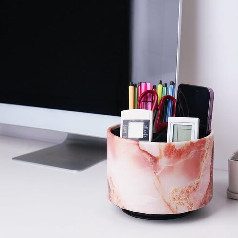 Round Leather Art Supply Organizer,Remote Control Holder,360-degree Rotating Pen Organizer with 4 Compartments(1-Marble Pink) in Kuwait