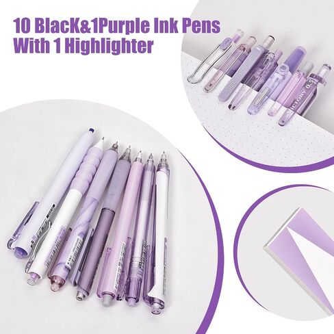 7Pack Pastel Gel Ink Pen Set - 6 Pack Pack Ink Pens with 1pack Highlighter للكتابة ، وقلم جل سائل قابل للسحب ، (0.5 مم) ، الأقلام الجمالية اللطيفة لمدرسة Office School & Home (Purple) in Saudi Arabia