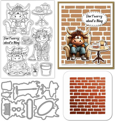 Globleland مضحك المرتفعات المرتفعات Clear Clear Cutting Dies Painting Stencils لتصنيع البطاقات Cartoon Highland Cilleicone Stamp Cuts Strick Brick Paint Stencils for DIY Scrapbooking in Kuwait