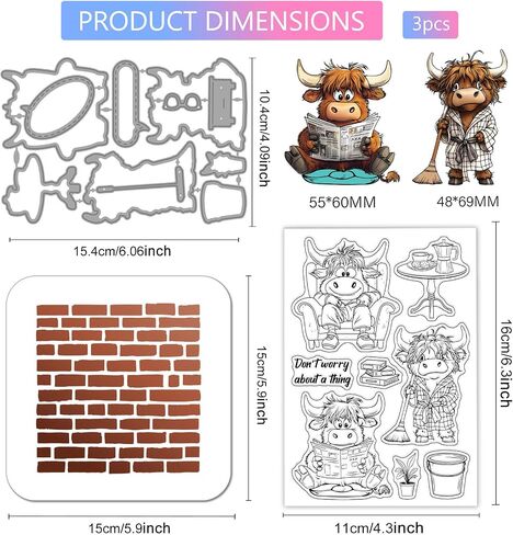 Globleland مضحك المرتفعات المرتفعات Clear Clear Cutting Dies Painting Stencils لتصنيع البطاقات Cartoon Highland Cilleicone Stamp Cuts Strick Brick Paint Stencils for DIY Scrapbooking in Kuwait