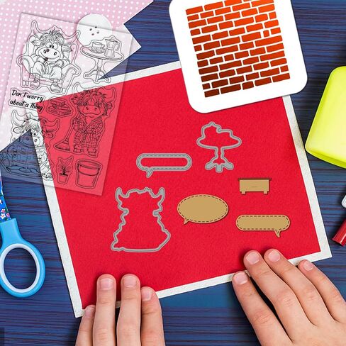 Globleland مضحك المرتفعات المرتفعات Clear Clear Cutting Dies Painting Stencils لتصنيع البطاقات Cartoon Highland Cilleicone Stamp Cuts Strick Brick Paint Stencils for DIY Scrapbooking in Kuwait