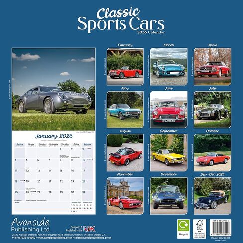 Classic Sports Cars Calendar 2026 | 12 Month Wall Calendar | Avonside Publishing | Plastic Free Packaging in Saudi Arabia