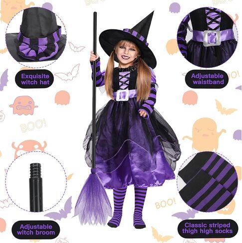 4 Pcs Halloween Fairytale Witch Cute Witch Costume Witch Hat Broom Tutu Striped High Stockings for Kids Girls in Saudi Arabia