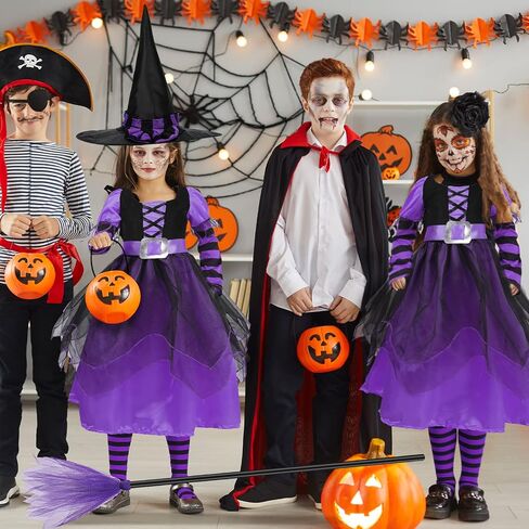 4 Pcs Halloween Fairytale Witch Cute Witch Costume Witch Hat Broom Tutu Striped High Stockings for Kids Girls in Saudi Arabia