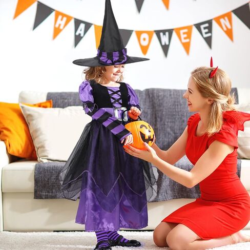 4 Pcs Halloween Fairytale Witch Cute Witch Costume Witch Hat Broom Tutu Striped High Stockings for Kids Girls in Saudi Arabia