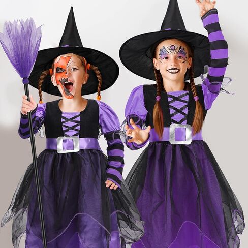 4 Pcs Halloween Fairytale Witch Cute Witch Costume Witch Hat Broom Tutu Striped High Stockings for Kids Girls in Saudi Arabia