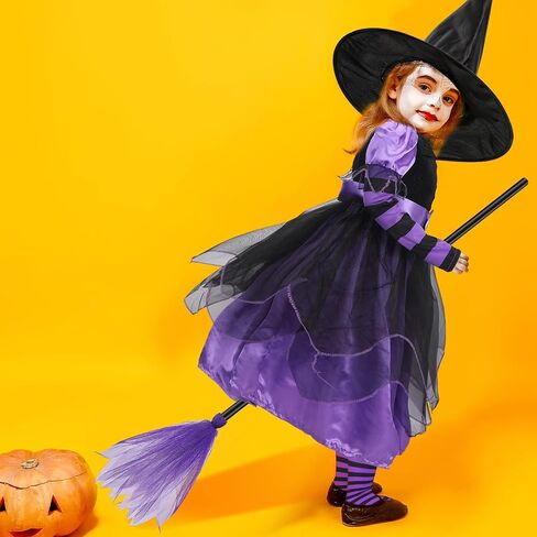 4 Pcs Halloween Fairytale Witch Cute Witch Costume Witch Hat Broom Tutu Striped High Stockings for Kids Girls in Saudi Arabia