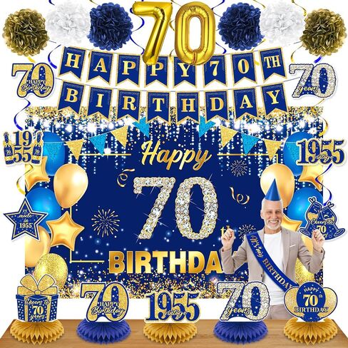 Navy Blue Gold 90th Birthday Decorations for Women Men Happy 90th Birthday Banner Vintage 1935 Honeycomb Centerpiece Hanging Swirls Sash Paper Pompoms Decor for 90 Years Old Anniversary Party Supplies in Saudi Arabia