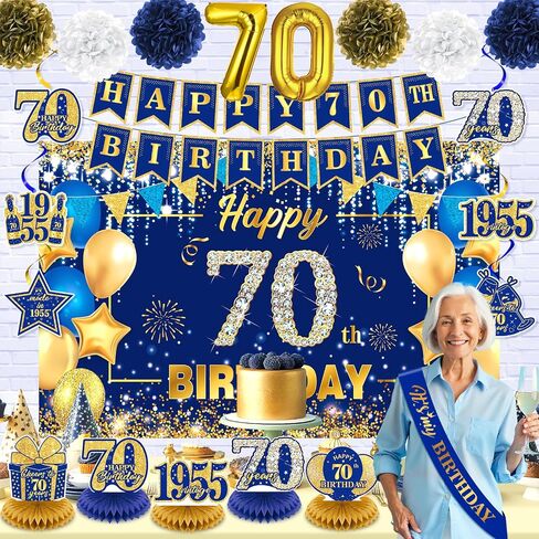 Navy Blue Gold 90th Birthday Decorations for Women Men Happy 90th Birthday Banner Vintage 1935 Honeycomb Centerpiece Hanging Swirls Sash Paper Pompoms Decor for 90 Years Old Anniversary Party Supplies in Saudi Arabia