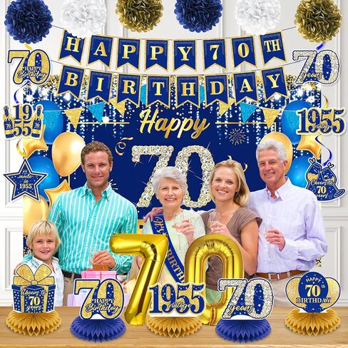 Navy Blue Gold 90th Birthday Decorations for Women Men Happy 90th Birthday Banner Vintage 1935 Honeycomb Centerpiece Hanging Swirls Sash Paper Pompoms Decor for 90 Years Old Anniversary Party Supplies in Saudi Arabia