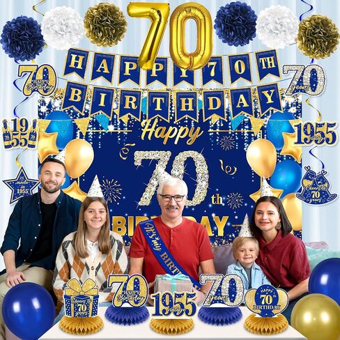 Navy Blue Gold 90th Birthday Decorations for Women Men Happy 90th Birthday Banner Vintage 1935 Honeycomb Centerpiece Hanging Swirls Sash Paper Pompoms Decor for 90 Years Old Anniversary Party Supplies in Saudi Arabia