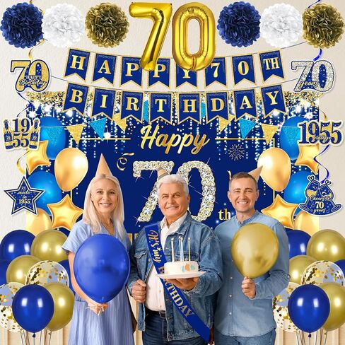 Navy Blue Gold 90th Birthday Decorations for Women Men Happy 90th Birthday Banner Vintage 1935 Honeycomb Centerpiece Hanging Swirls Sash Paper Pompoms Decor for 90 Years Old Anniversary Party Supplies in Saudi Arabia