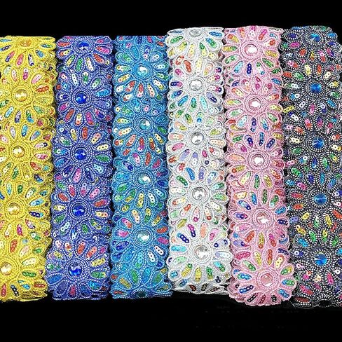 4.5 Yards Sequin Sunflower Lace Trim 2.3" Wide Embroidered Floral Sew on Lace Sewing Trim Ribbons for Clothing Embellishment Craft Decorations(Black Rainbow) in Saudi Arabia
