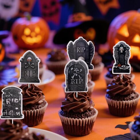 24pcs Halloween Cupcake Toppers, Spooky Tombstone Cupcake Decorations RIP Graveyard Cake Decorations Food Picks for Halloween Party Supplies Dessert Displays in Saudi Arabia