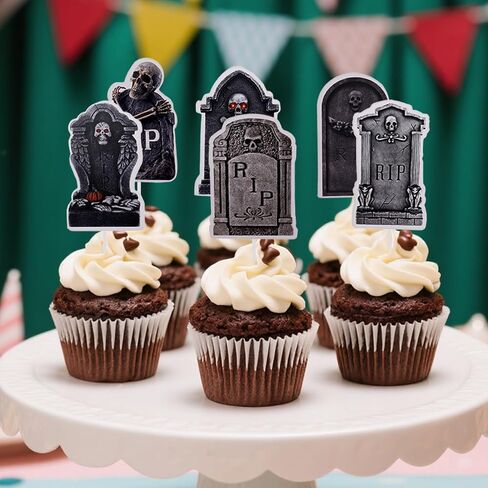 24pcs Halloween Cupcake Toppers, Spooky Tombstone Cupcake Decorations RIP Graveyard Cake Decorations Food Picks for Halloween Party Supplies Dessert Displays in Saudi Arabia