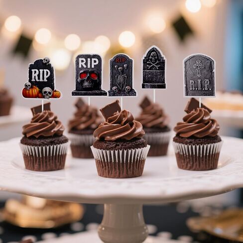 24pcs Halloween Cupcake Toppers, Spooky Tombstone Cupcake Decorations RIP Graveyard Cake Decorations Food Picks for Halloween Party Supplies Dessert Displays in Saudi Arabia