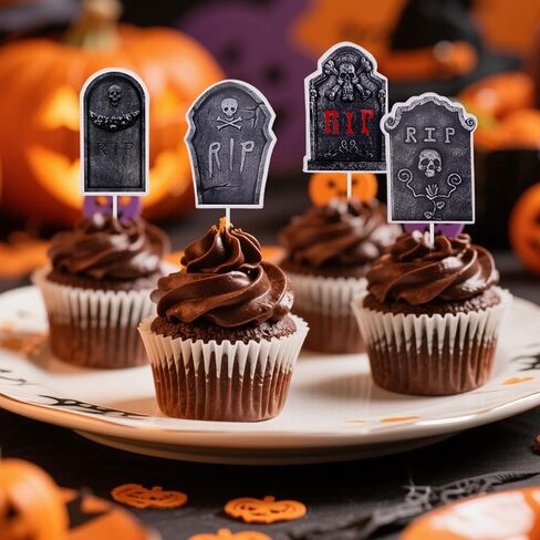 24pcs Halloween Cupcake Toppers, Spooky Tombstone Cupcake Decorations RIP Graveyard Cake Decorations Food Picks for Halloween Party Supplies Dessert Displays in Saudi Arabia