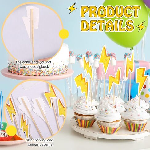 Yalikop 36 PCS Cupcake Cupcake Topcake Flash Weather Gold Cake Decorations أصفر البرق البراغي كب كيك أعلى الأقطار لزخارف حفلة عيد ميلاد مستلزمات الأطفال اللوازم in Kuwait