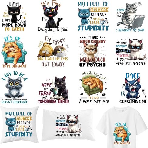 Funny Cat Iron on Transfers for T-Shirts, 12 Pcs Sarcasm DTF Transfers Ready to Press, Fun Iron on Decals, Heat Transfer Vinyl for Bag Pillow Clothing, DIY Crafts in Saudi Arabia