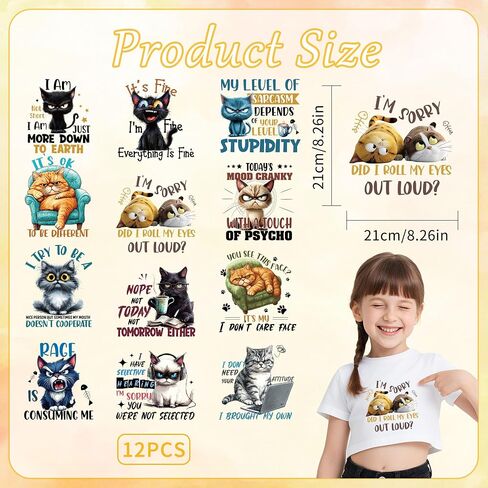 Funny Cat Iron on Transfers for T-Shirts, 12 Pcs Sarcasm DTF Transfers Ready to Press, Fun Iron on Decals, Heat Transfer Vinyl for Bag Pillow Clothing, DIY Crafts in Saudi Arabia