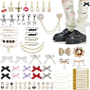 80 PCS Junk Socks Charms Kit ، Pearl Rhinestone Gold Bling Brooch Pins Costom Sock Charms Kit مع أقواس دبابيس الأمان ، وملحقات DIY لتزيين وتخصيص ملابس القبعة (مجموعة واحدة) in Saudi Arabia