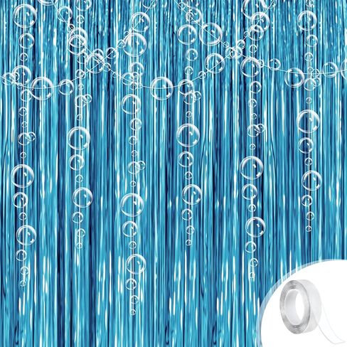 Under The Sea Party Decorations,2 Blue Fringe Backdrop 6 Bubble Garlands with Tape for Beach,Water,Pool,Ocean Themed Decor,Mermaid Birthday Photo Props,Ocean Baby Shower Party Supplies in Saudi Arabia