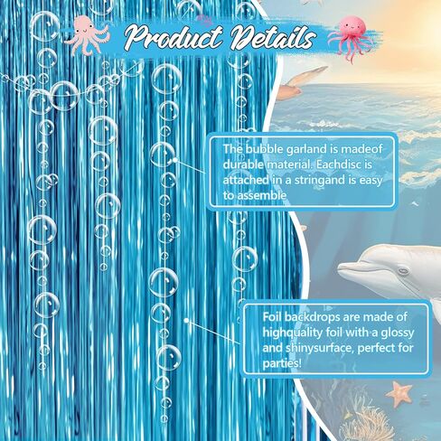 Under The Sea Party Decorations,2 Blue Fringe Backdrop 6 Bubble Garlands with Tape for Beach,Water,Pool,Ocean Themed Decor,Mermaid Birthday Photo Props,Ocean Baby Shower Party Supplies in Saudi Arabia