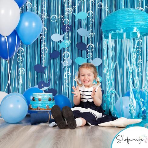 Under The Sea Party Decorations,2 Blue Fringe Backdrop 6 Bubble Garlands with Tape for Beach,Water,Pool,Ocean Themed Decor,Mermaid Birthday Photo Props,Ocean Baby Shower Party Supplies in Saudi Arabia