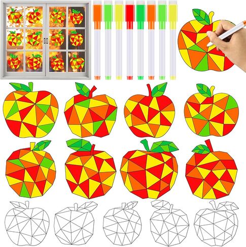 30Pcs Apple Suncatcher Crafts Kits for Kids Fall Coloring Window Clings Sticker with Markers Color Your Own Apple Arts Crafts DIY Autumn Painting Party Gift for Kids Thanksgiving Home Classroom Decor in Saudi Arabia