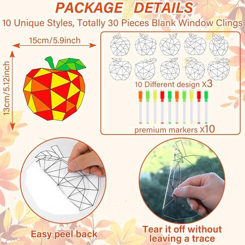 30Pcs Apple Suncatcher Crafts Kits for Kids Fall Coloring Window Clings Sticker with Markers Color Your Own Apple Arts Crafts DIY Autumn Painting Party Gift for Kids Thanksgiving Home Classroom Decor in Saudi Arabia