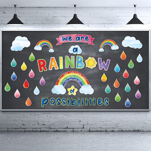 Pajean 73 PCS Rainbow Bulletin Board نحن قوس قزح من الاحتمالات القواطع ، زينة الفصول الدراسية التحفيزية الملونة ، قطرات المطر ، قاطعات الشمس للعودة إلى المدرسة على السبورة. in Saudi Arabia